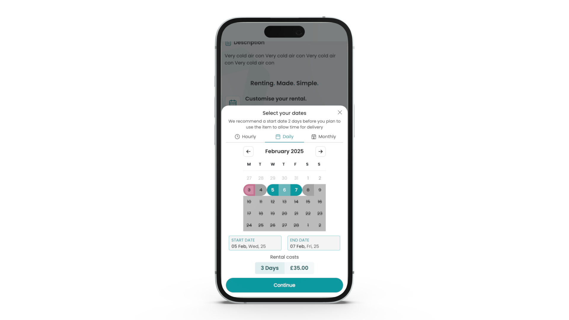 Renticy booking screen
